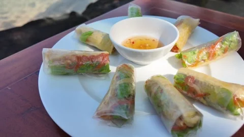 Vietnamese Spring Rolls Gourmet Dining Scene 스톡 동영상 264812544
