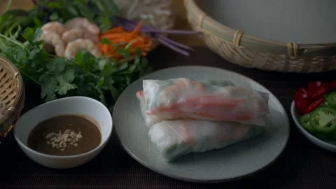 Vietnamese spring rolls with ingredients Stock Footage 196260881