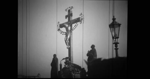 View of 17th Century Crucifixion statue with Hebrew text Stock Footage