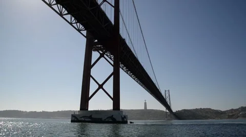 View of the 25 de Abril Bridge on Tagus River, in Lisbon. Stock Footage 48946912