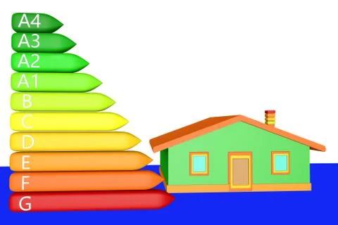 View 3D illustration energy classification and house residential and commercial  Stock Illustration