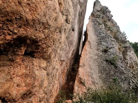View of a 45-foot high section of the Parnitha (Fyli) fault and fissure, whic Stock Photos