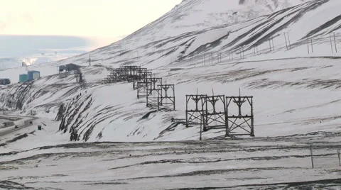 View to the abandoned arctic coal mine equipment  in Longyearbyen, Norway. Stock Footage 60437907