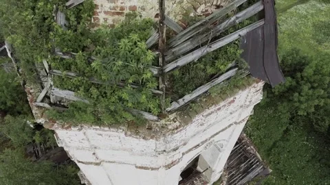 View of an abandoned old white Orthodox temple in the old village Stock Footage 338200604