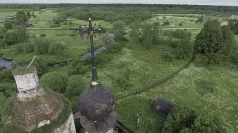 View of an abandoned old white Orthodox temple in the old village Stock Footage 338200644