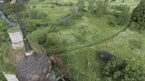 View of an abandoned old white Orthodox temple in the old village Stock Footage 338200676
