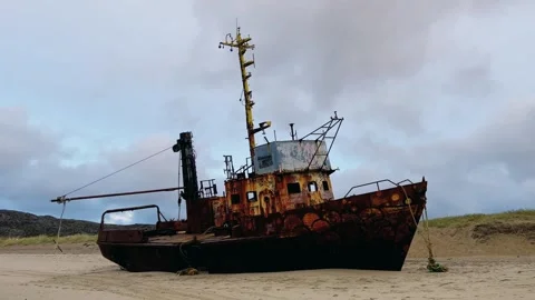 View of an abandoned ship on the coast of the Barents Sea in Teriberka. Autumn  Stock Footage 283223862