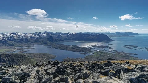 View about the mountains of the Lofoten from top of the hill matmora Stock Footage 138614852