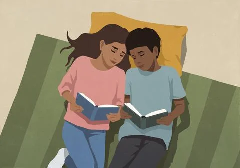 View from above of affectionate mother and son reading books side by side on Ilustração Stock