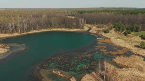 View from above on a blue lake, camera moves slowly, nature trip 動画素材 308907892