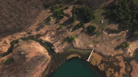 View from above on a blue lake, camera moves slowly, nature trip Stock Footage 308907948