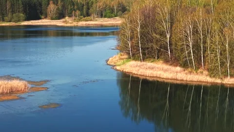 View from above on a blue lake, camera moves slowly, nature trip Stock Footage 308907962