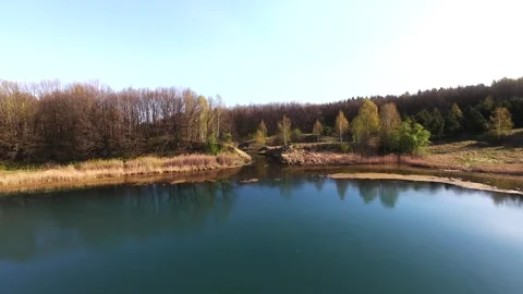 View from above on a blue lake, camera moves slowly, nature trip Stock Footage 308907967