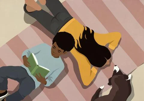 View from above boy reading book on floor by mom and pet dog at home Illustrazione stock