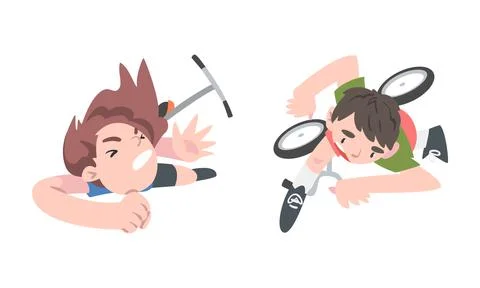 View from above of boys falling down from kick scooter and bicycle cartoon Stock Illustration