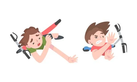 View from above of boys falling down from kick scooters cartoon vector Stock Illustration