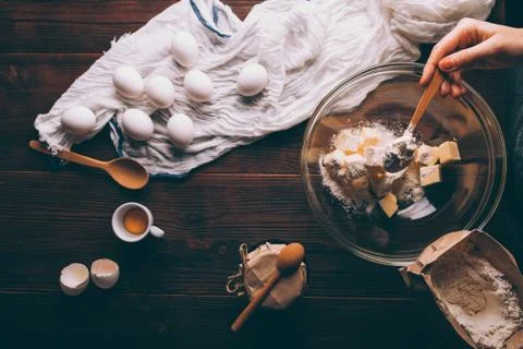 View from above on brown wooden kitchen table Stock Photos