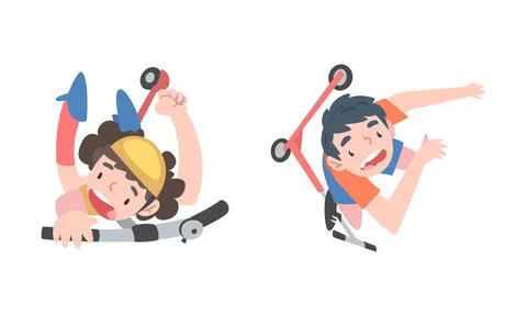 View from above of children falling down from kick scooters cartoon vector Stock Illustration