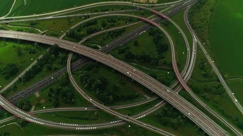 View from above circle ring multilevel road junction with moving car static shot Stock Footage 111220513