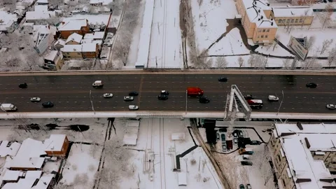 View From Above of the City Krasnodar with Freeway and Bridge Traffic Stock Footage 148038163