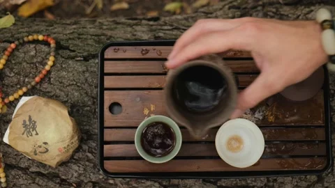 View from above. close-up. a man's hand pours pu-erh tea into bowls Stock Footage 220415448