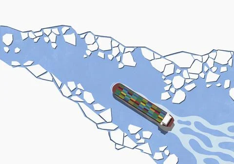 View from above of container ship moving among ice on water surface Ilustração Stock
