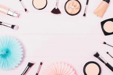 View from above cosmetics for even complexion and masking skin Stock Photos