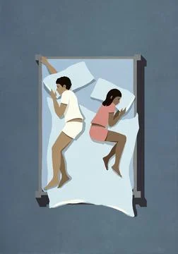 View from above couple sleeping back to back in bed Ilustração Stock