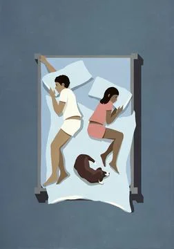 View from above couple sleeping in bed with dog Ilustração Stock