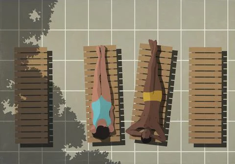 View from above couple sunbathing on patio lounge chairs Ilustração Stock