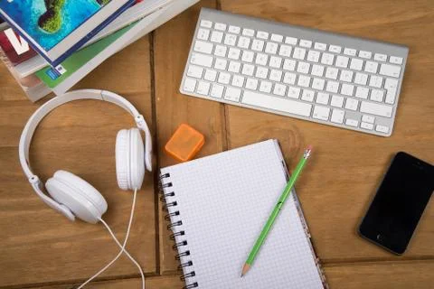 View from above on desk workspace Stock Photos