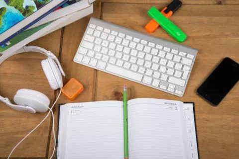 View from above on desk workspace Stock Photos