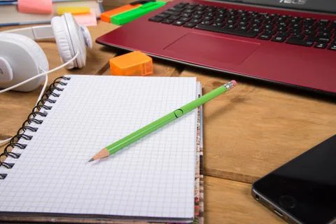 View from above on desk workspace Stock Photos