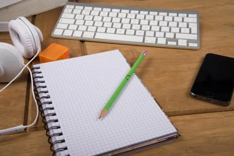 View from above on desk workspace Stock Photos