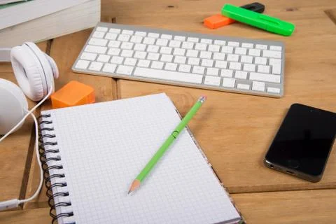 View from above on desk workspace Stock Photos