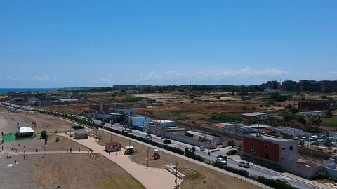 View from above with a drone of the equipped beach of "Torre Quetta" in Bari. 動画素材 100080825
