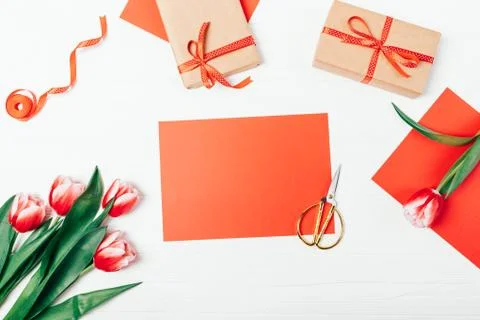 View from above of empty red paper sheet Stock Photos