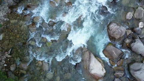 View from above of the fast flowing river. Protection of water resources. Dro Stock Footage 250100256