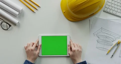 View from above on the female constructor's hands scrolling and tapping on the Stock Footage 96192743
