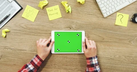 View from above on the female hands using the white horizontal tablet device Stock Footage 89965214