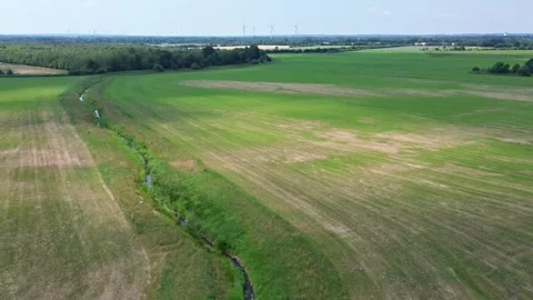 View from above on fields with tyre tracks and lots of grass in northern Germany Stock Footage 345758061