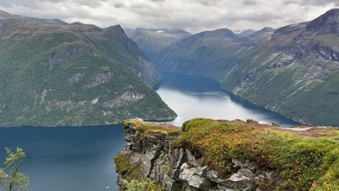 View from above of the fjords, cliffs and mountain Stock Footage 337364586