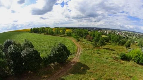 View from above. Flight on a quadcopter. Fields, forests and the city Stock Photos