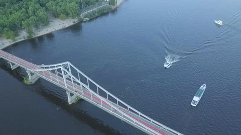 View from above from flying drone car moving on modern highway bridge over ri 動画素材 109416331