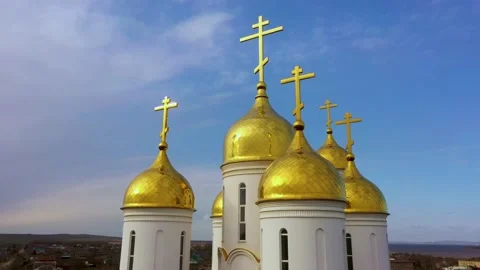 View from Above of the Golden Domes of the White Stone Temple. Drone Flyby Stock Footage 154575226