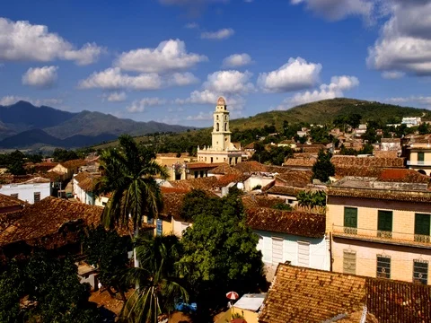 View from above with great clouds of the old Colonial village of Trinidad Cuba Stock Footage 75687540