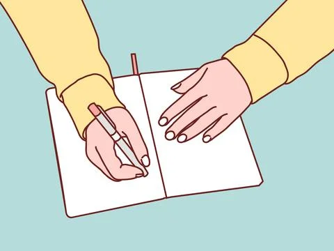 View above hand taking notes in blank notebook simple korean style illustration イラスト素材