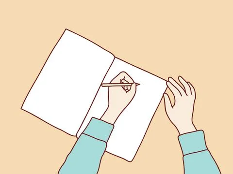 View above hand taking notes on blank notebook simple korean style illustration Illustrazione stock