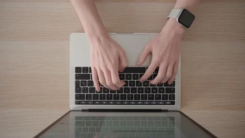 View from above of hands opening laptop 스톡 동영상 234292628