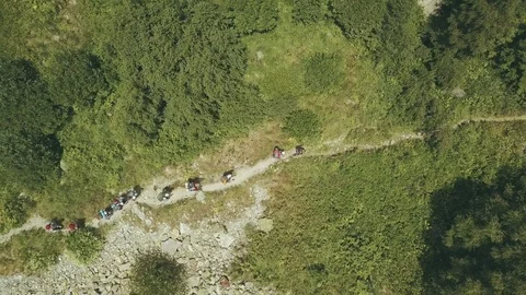 View from above hiking group walking on mountain trail. Climbing a mountain Stock Footage